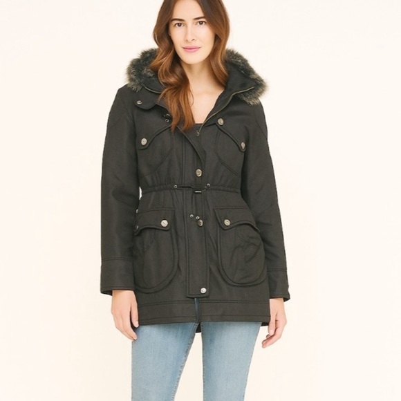 Laundry By Shelli Segal Black Fox Fur Trim hooded Parka Jacket Coat size small - Picture 1 of 10